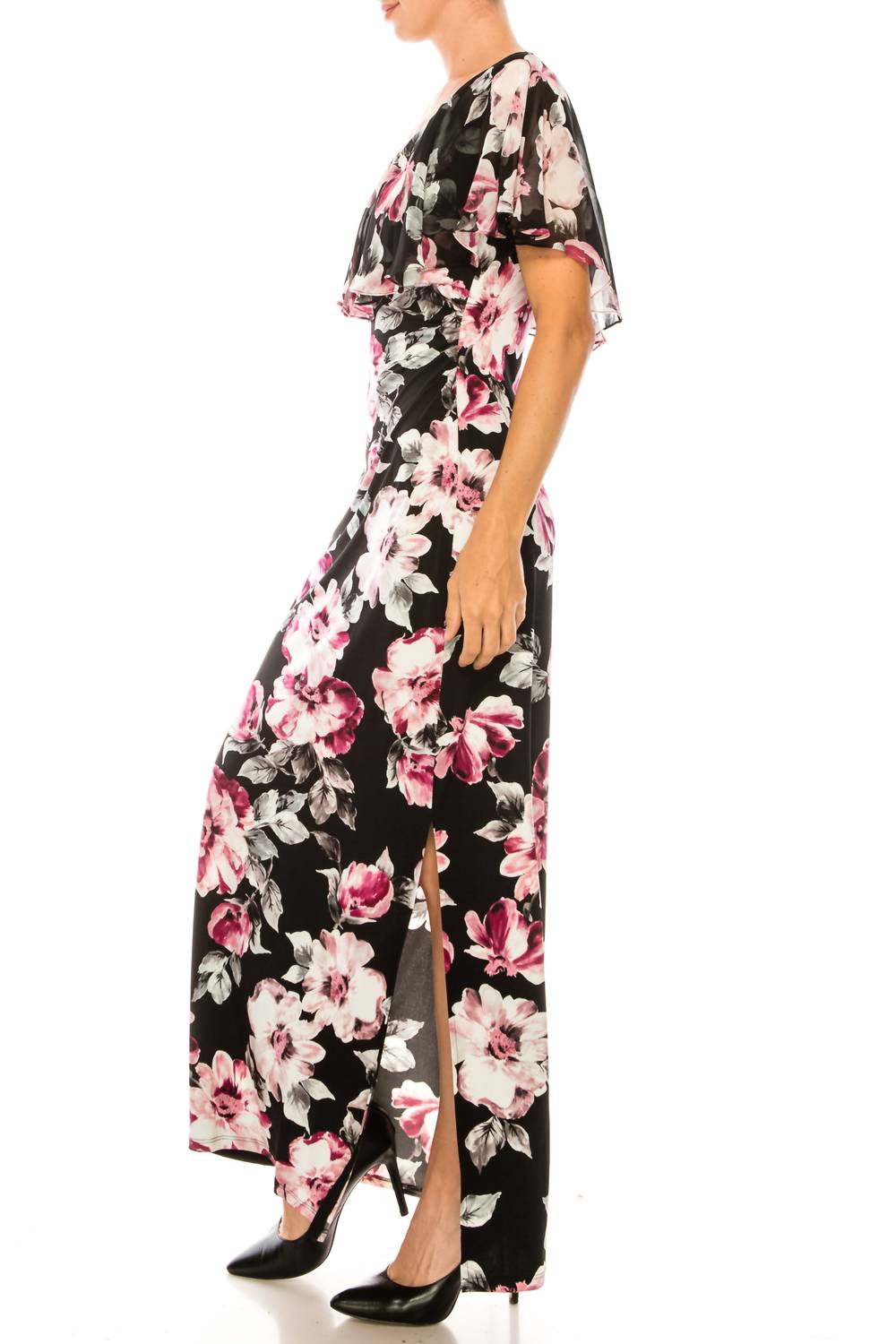 Connected Apparel - Floral Print Chiffon Cape Maxi Dress