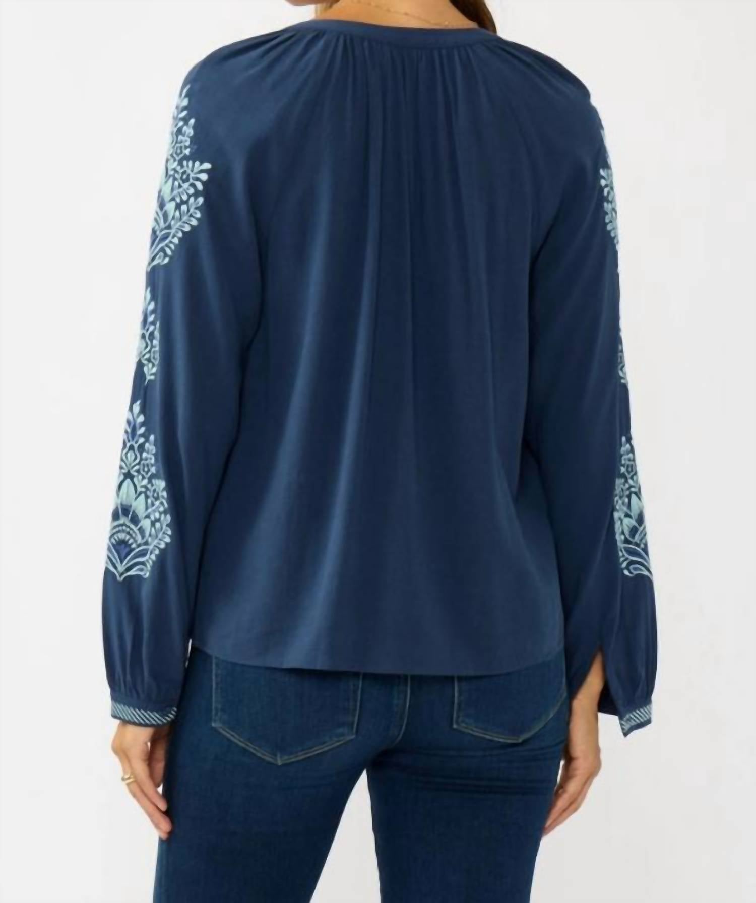 Mint - Sky Blooms Embroidered Raglan Button Blouse