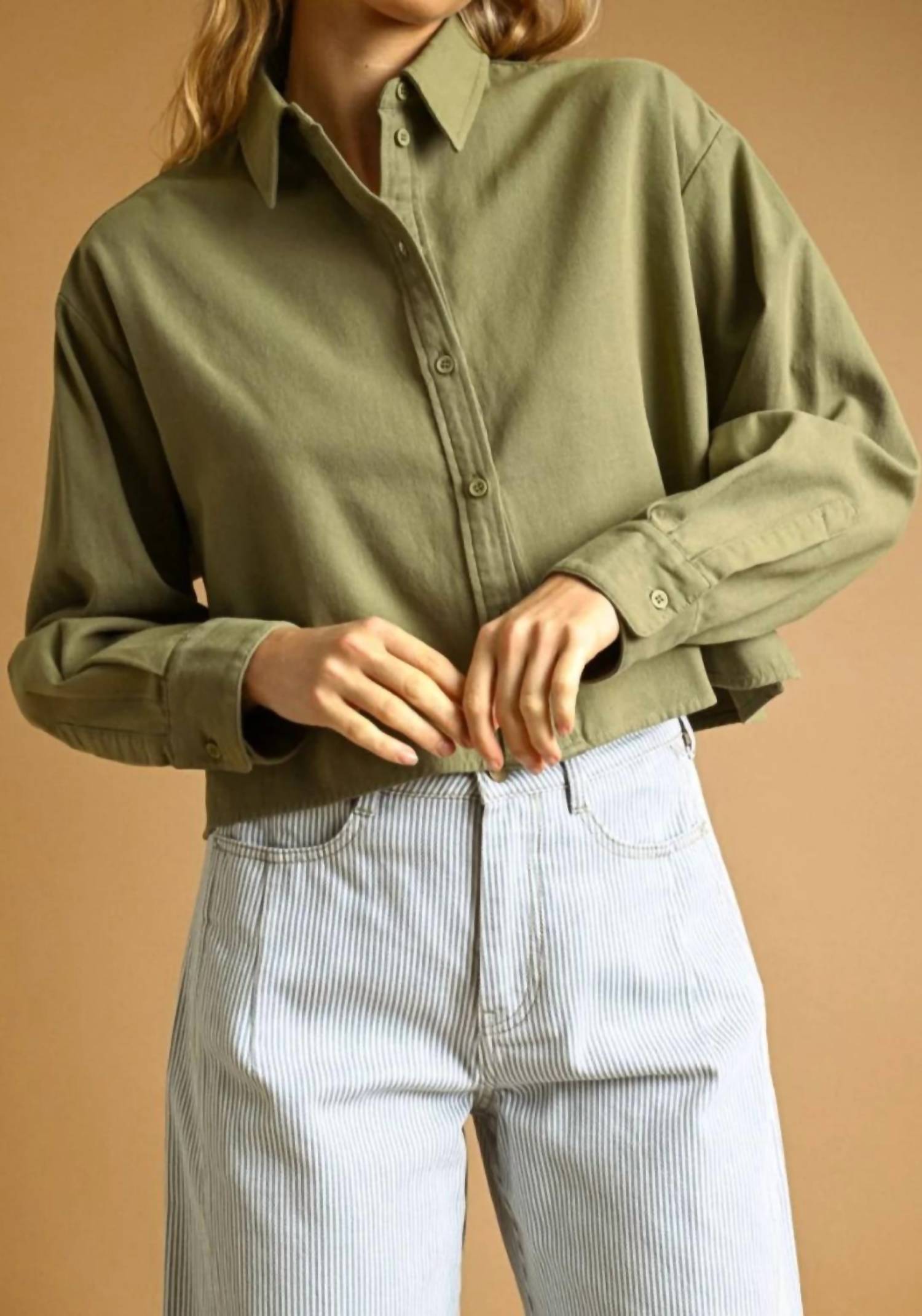 Miou Muse - Cropped Button Down Shirt Jacket
