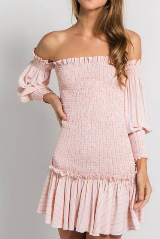 Stripe Off the Shoulder Shirred Mini Dress