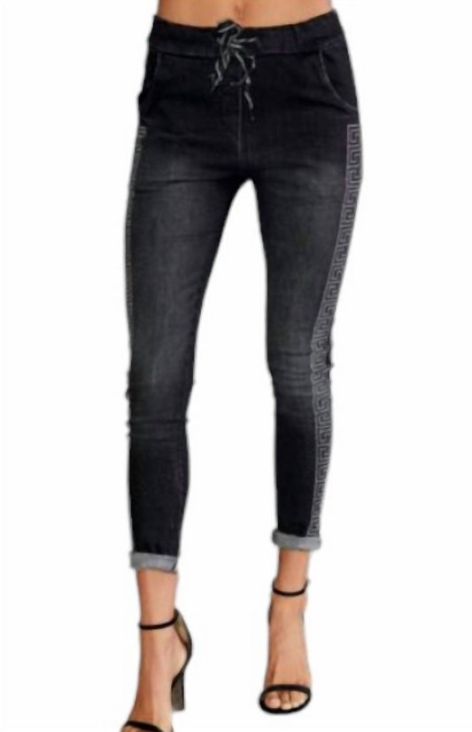 Venti6 - Rhinestone Maze Side Stripe Denim Crinkle Jogger