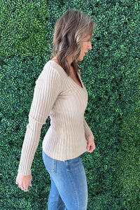 mystree Plunging V-neck Sweater Top in sand - women's long sleeve top - alternate view