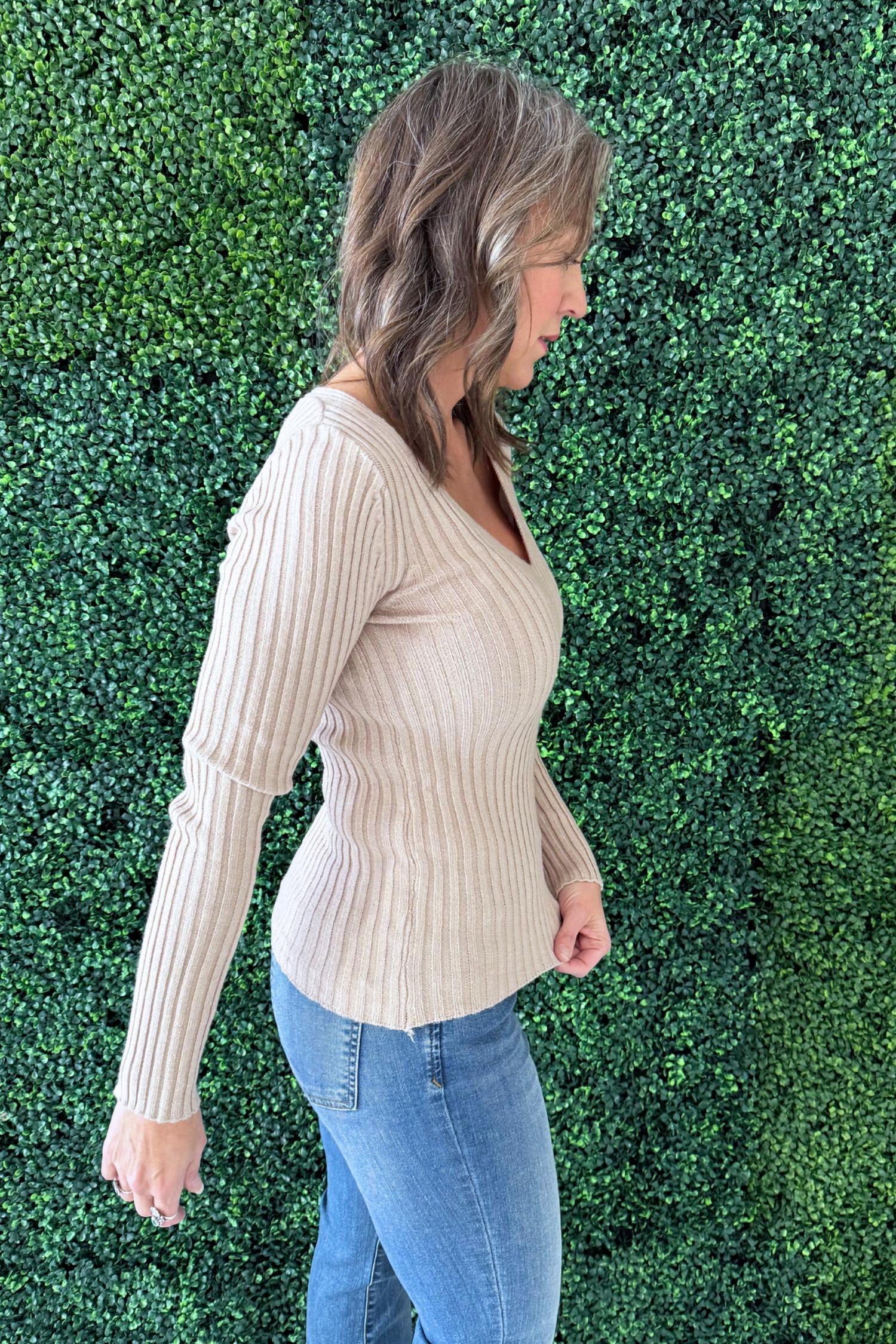 mystree Plunging V-neck Sweater Top in sand - women's long sleeve top - alternate view