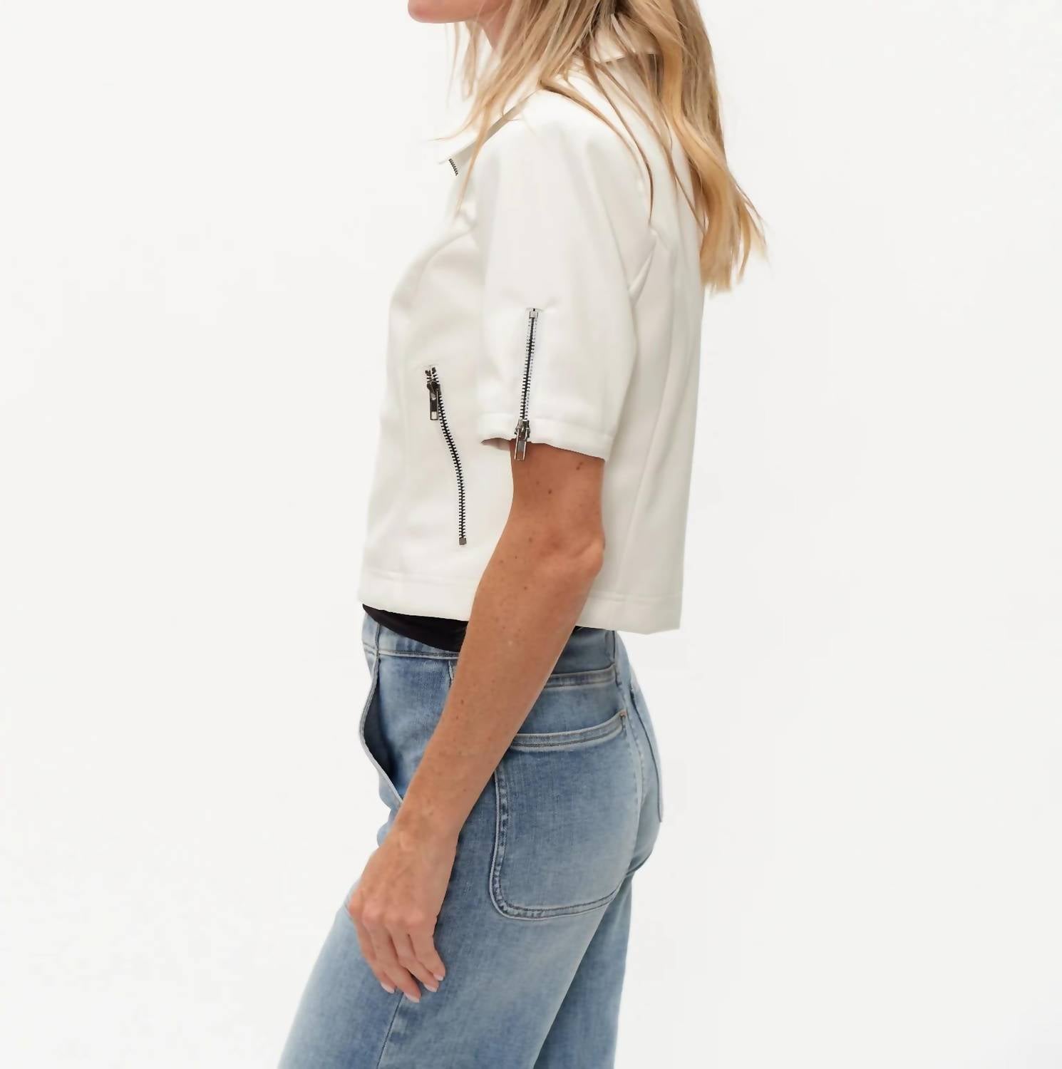 Six/Fifty - Faux Leather Short Sleeve Collared Jacket