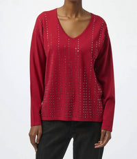 Joseph Ribkoff Iron-on V-neck Pullover Sweater Top in deep cherry - women's sweater