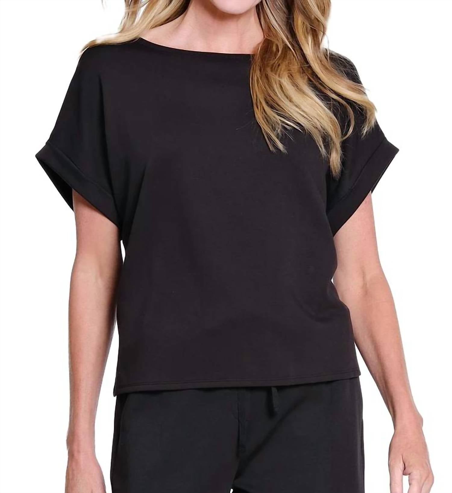 Multiples - Rolled Cuff Short Sleeve Dolman Wide Neck Top