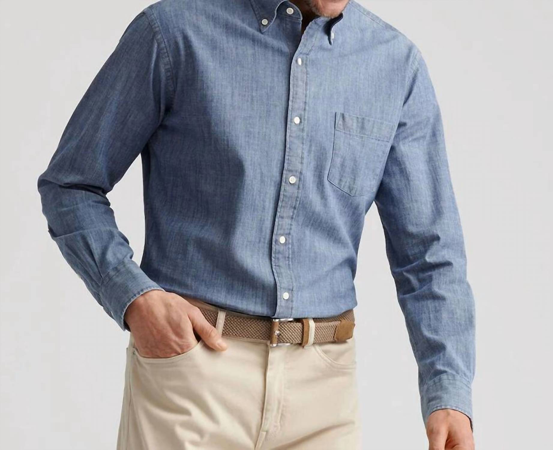 PETER MILLAR Tamworth Chambray Cotton-stretch Sport Shirt in indigo - men's shirt