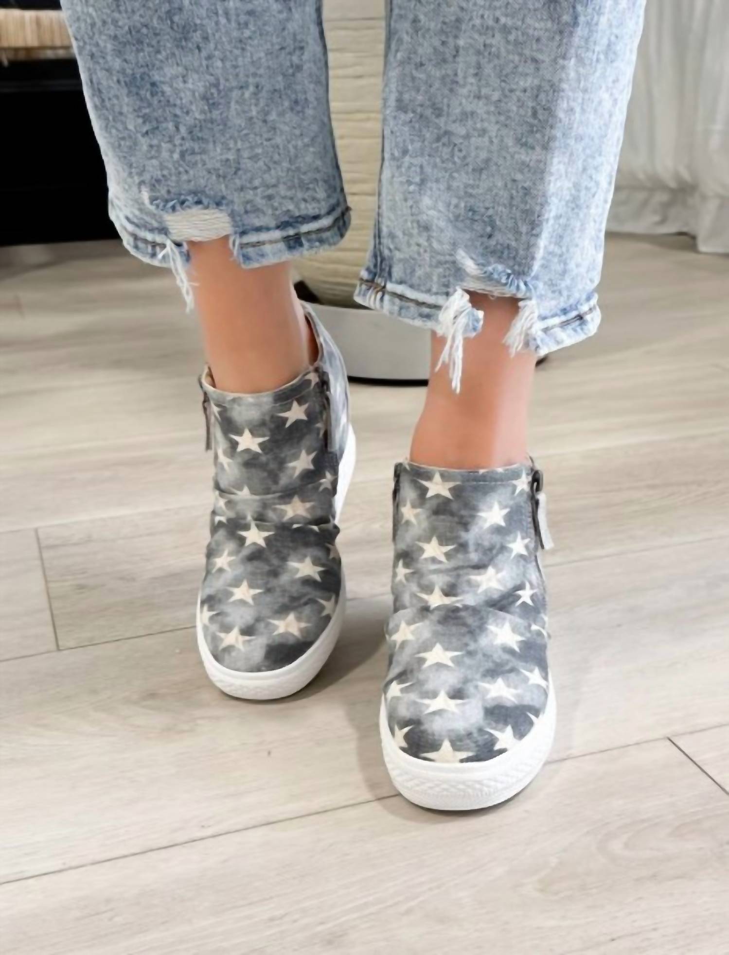 Not Rated Women's Denim Starry Wedge Sneaker in cream beige dark wash - women's sneaker - detail view