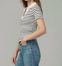 Joe's Jeans Jess Pointelle Polo Shirt in milk black stripe - women's t-shirt - view 4