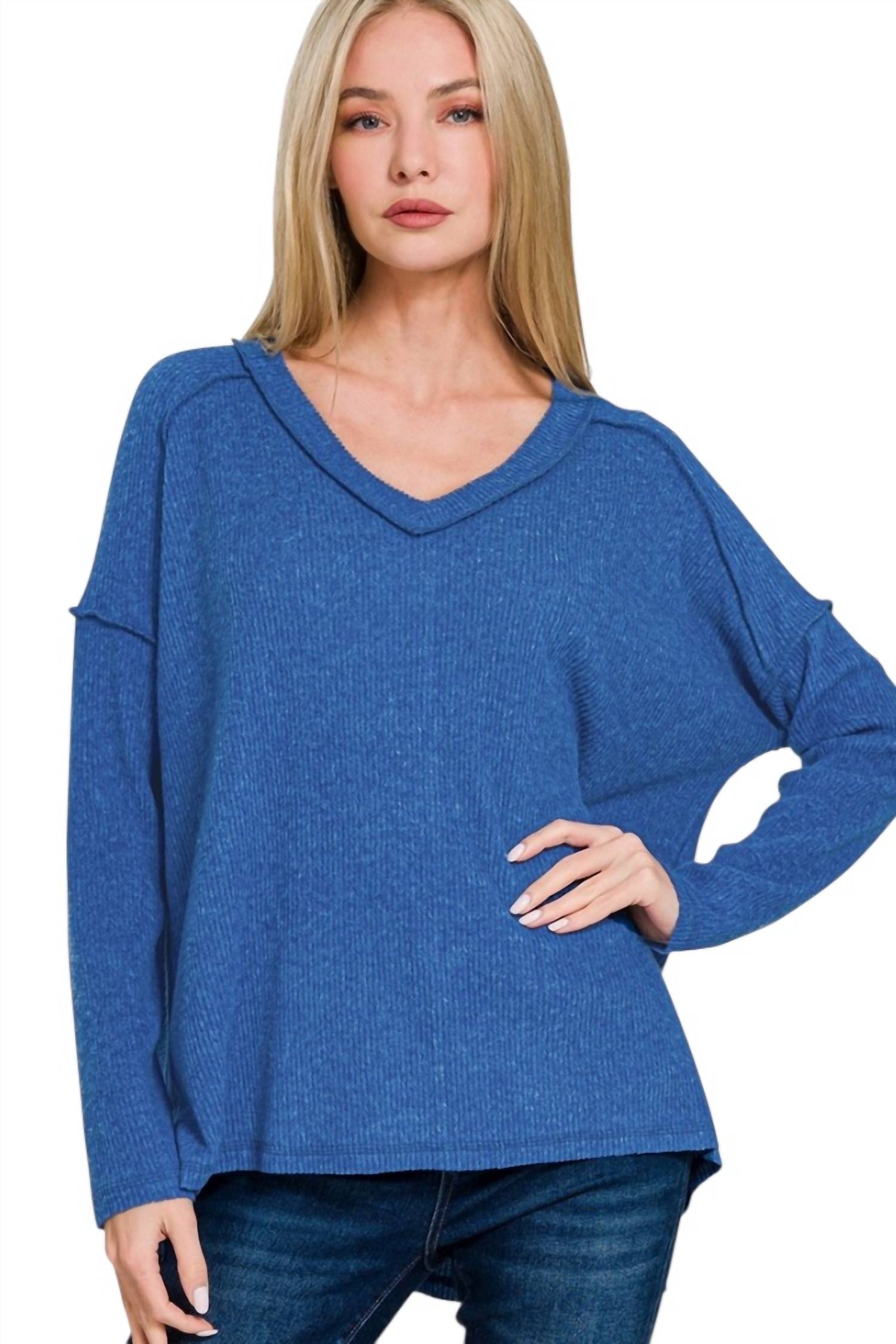 Zenana - Ribbed V Neck Sweater