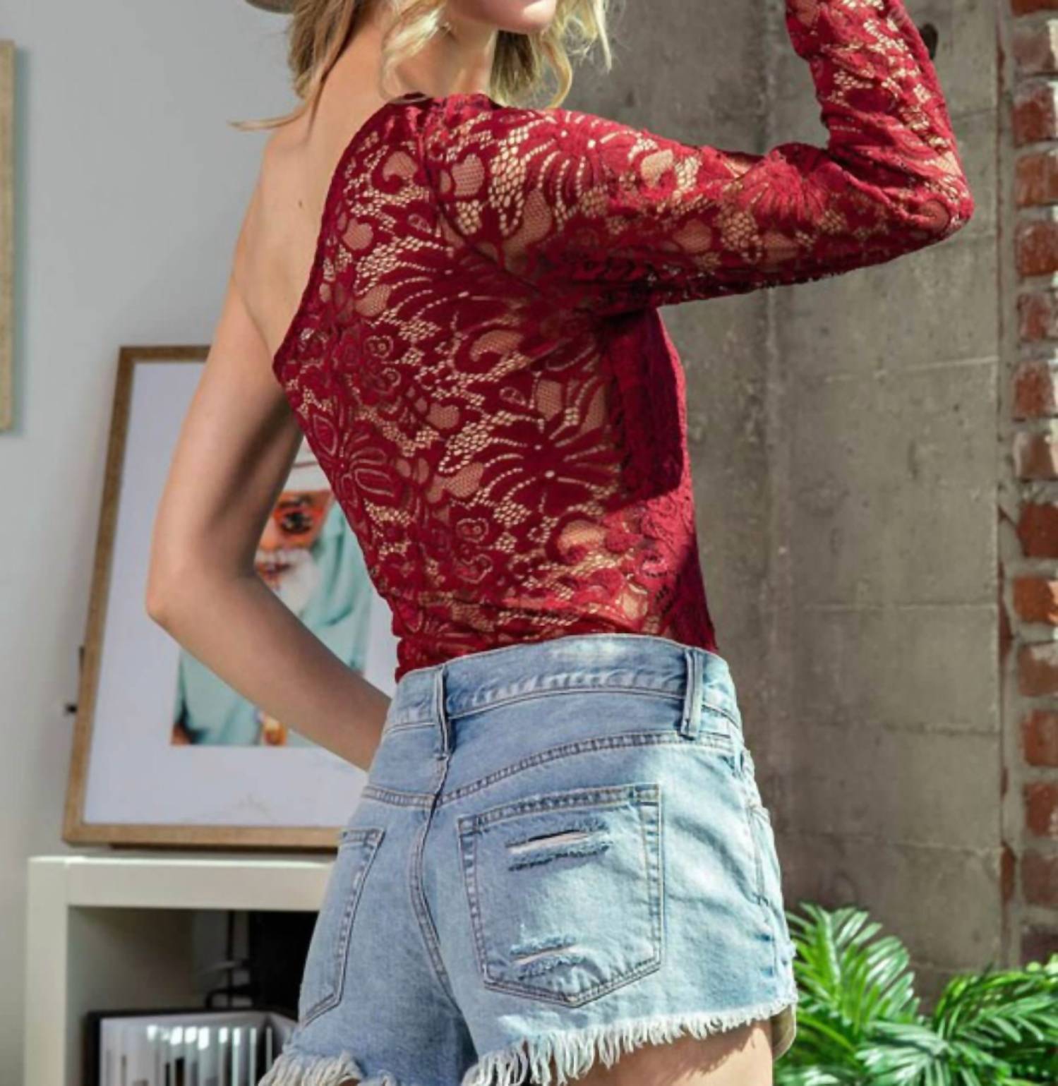 Eesome - Lacey One Shoulder Lace Sleeve Bodysuit