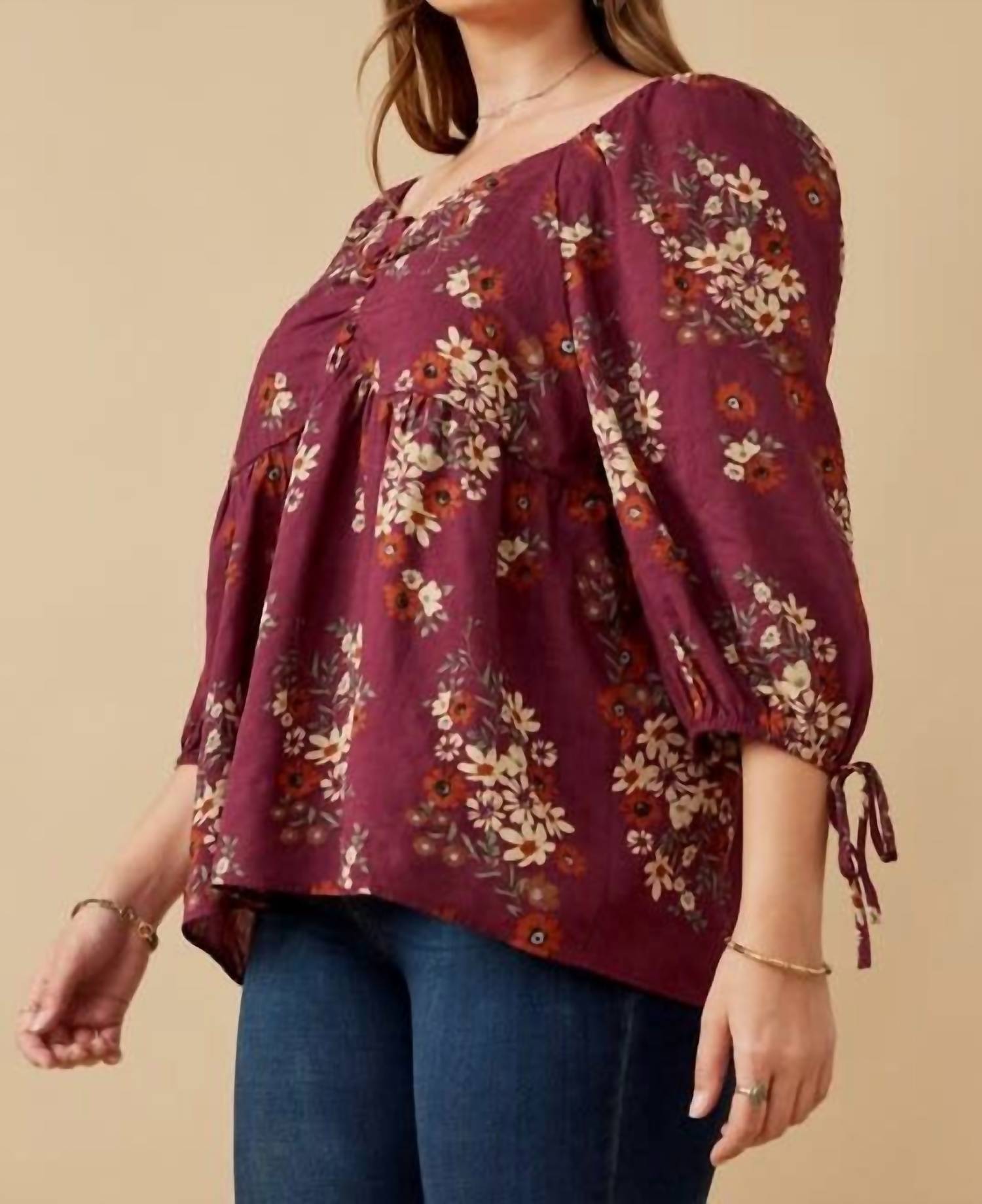 Hayden La - Mixed Floral Tie Sleeve Top - Plus