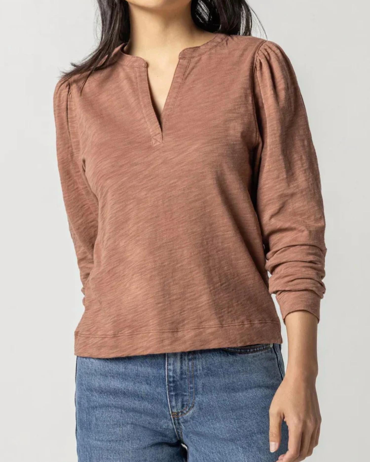 Lilla P - Shirred Long Sleeve Split Neck Top