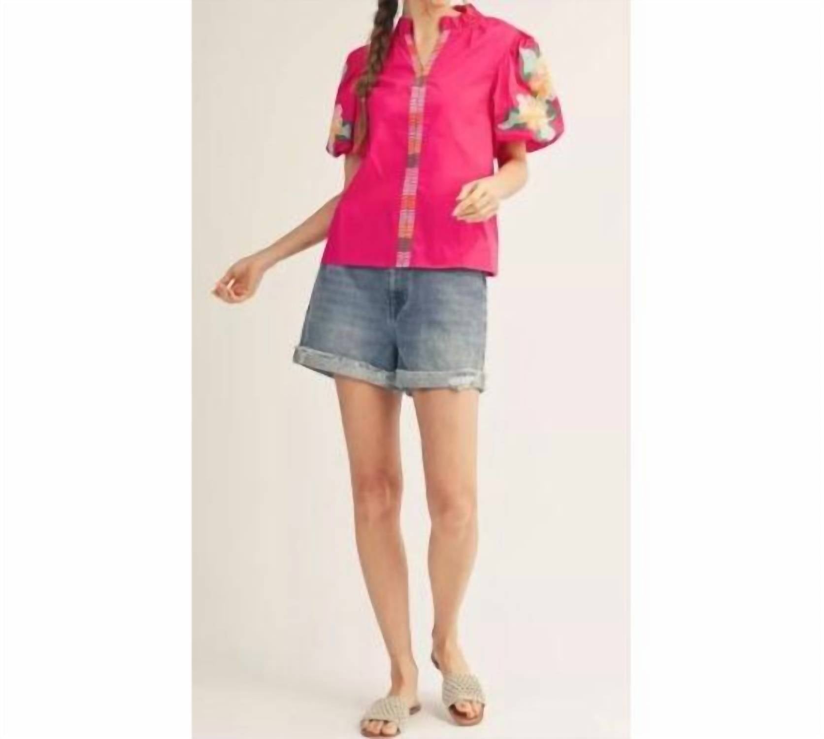 Jodifl Floral Embroidered Puff Sleeve Top in fuchsia - women's blouse - alternate view