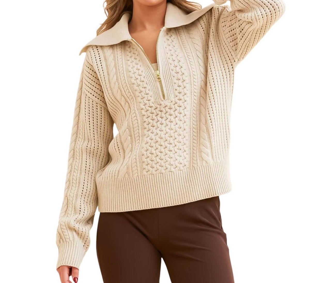 Varley - CAMELLO RELAXED CABLE HALF ZIP SWEATER