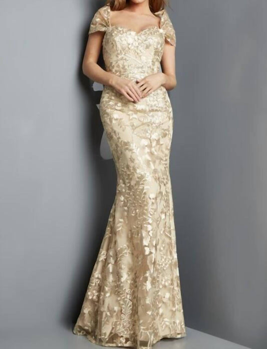 Jovani - Shawl Sleeves Embroidered Dress