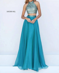 Sherri Hill 2 Piece Beaded Halter Crop Top And Chiffon Skirt Set in jade - women's skirt