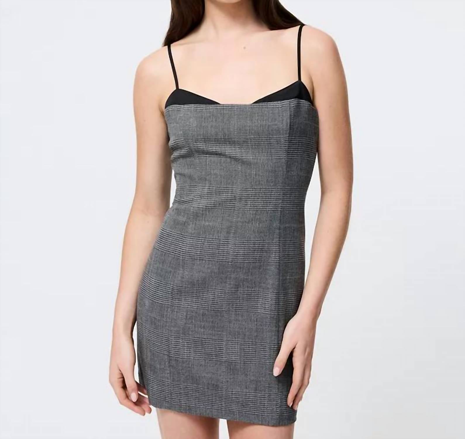 FRENCH CONNECTION Owen Plaid Satin Peekaboo Dress in charcoal blk - women's dress - view 4