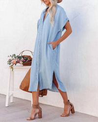Bohocache - Short Sleeve Loose Panel Slit Shirt Midi Dress