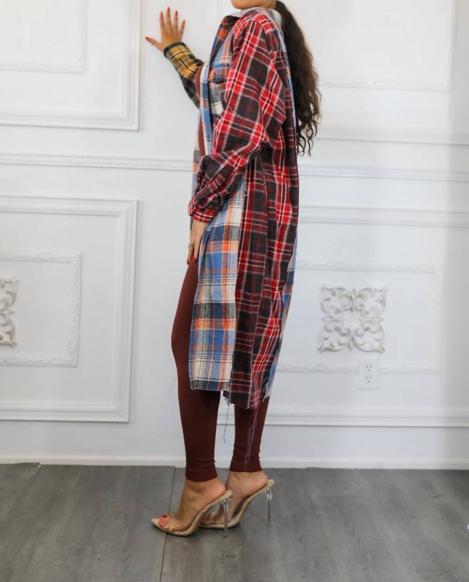 Surelymine - Distressed Long Plaid Patches Shacket