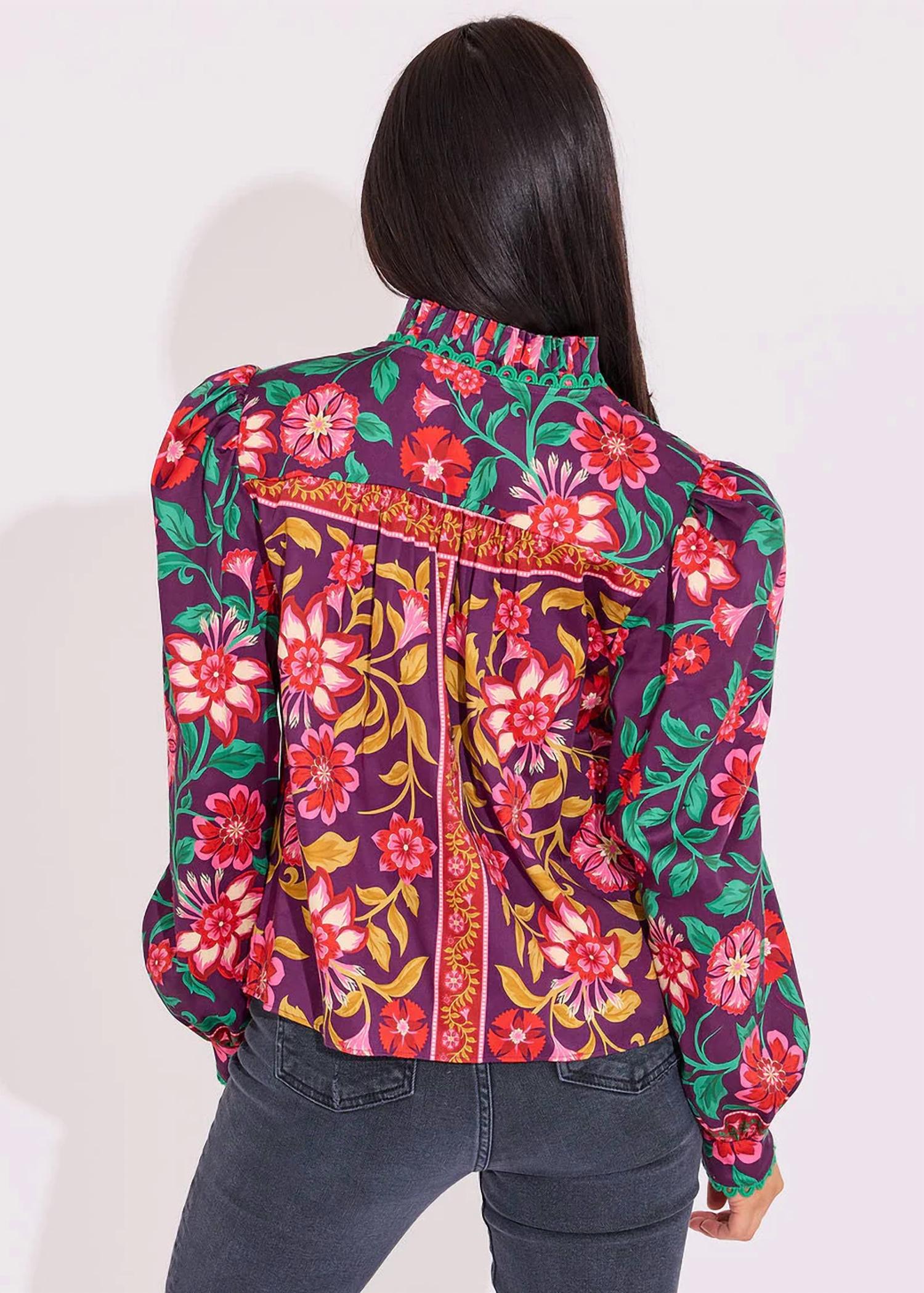 Alden Adair Oliver V-neck Top in medieval floral - women's blouse - detail view