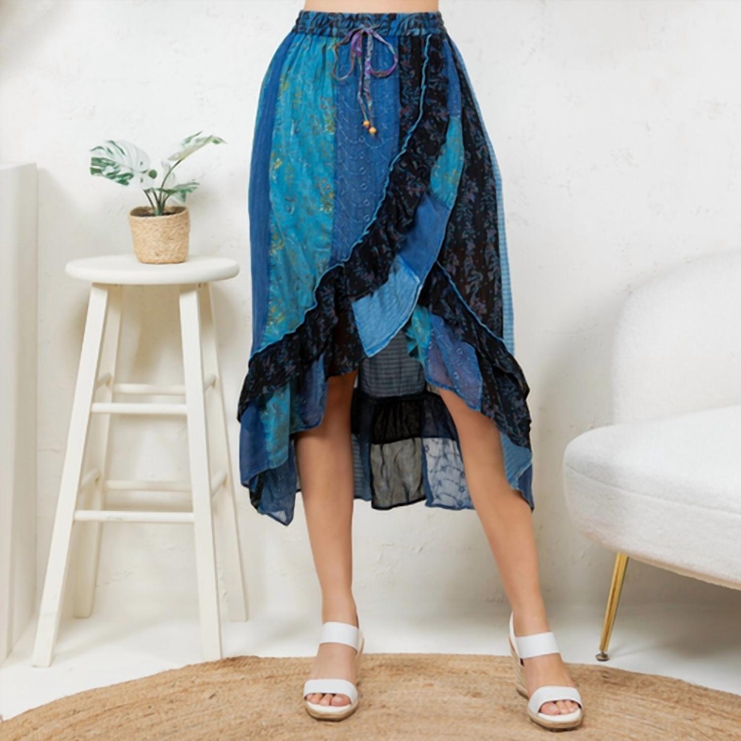 Young Threads Boho Ruffle Wrapped Fit And Flare Midi Skirt in indigo - women's skirt