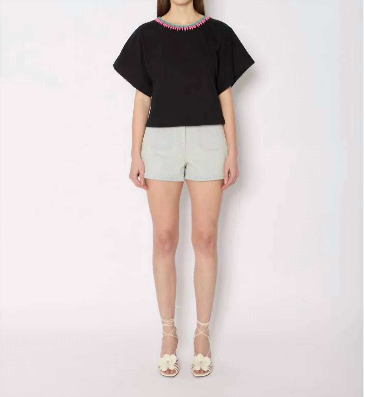 Berenice - Tember Crew Neck Tee With Contrast Neck Embroidery