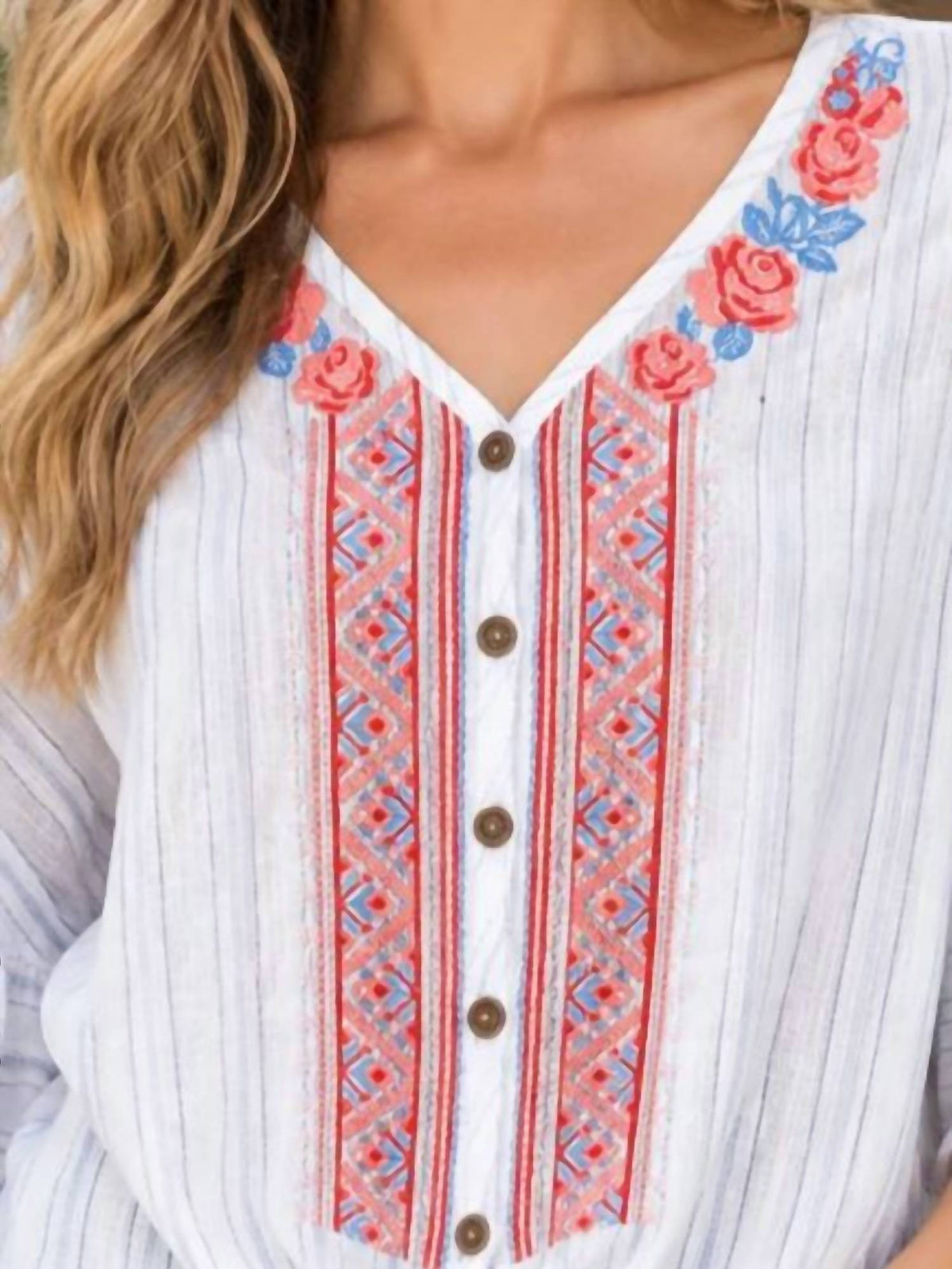 Andree By Unit - Embroidered Striped Tie-Front Top