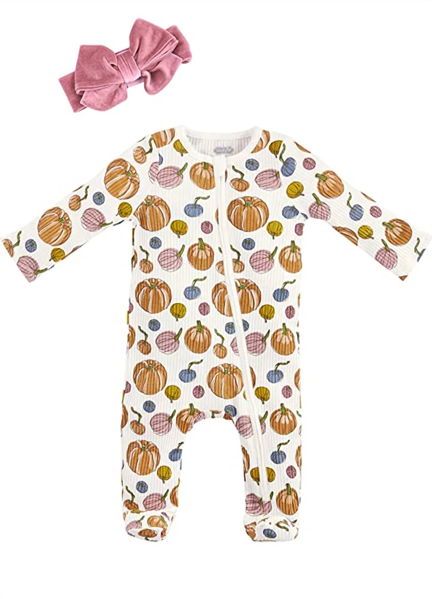 Mudpie - Girl's Pumpkin Rib Sleeper Footie And Bib