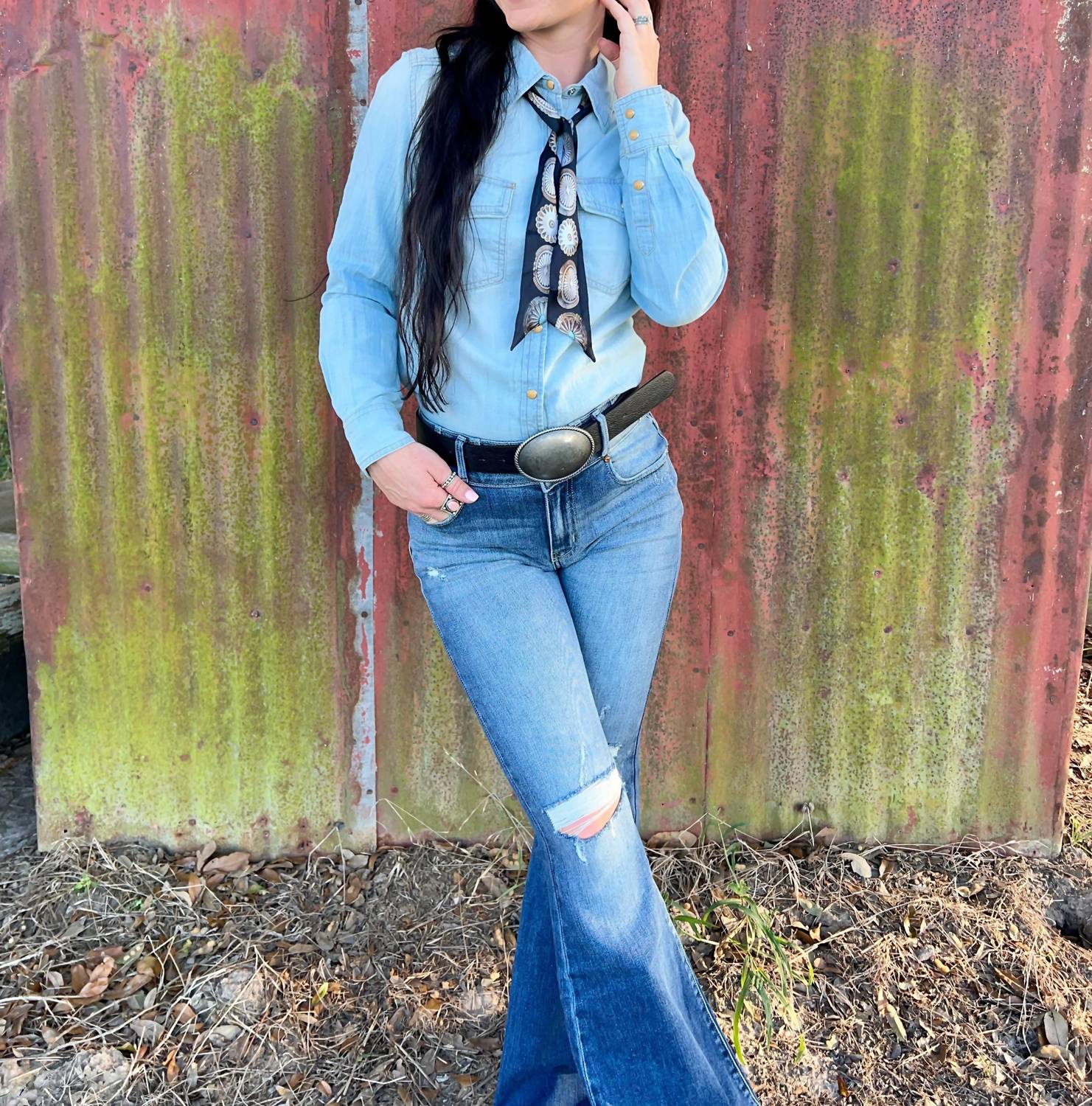 Justin Marianne Denim Pearl Snap Shirt in blue - women's shirt - alternate view