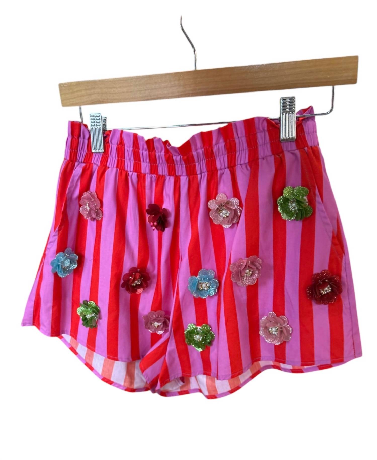 Queen Of Sparkles - Stripe Sequin Flower Cotton Shorts