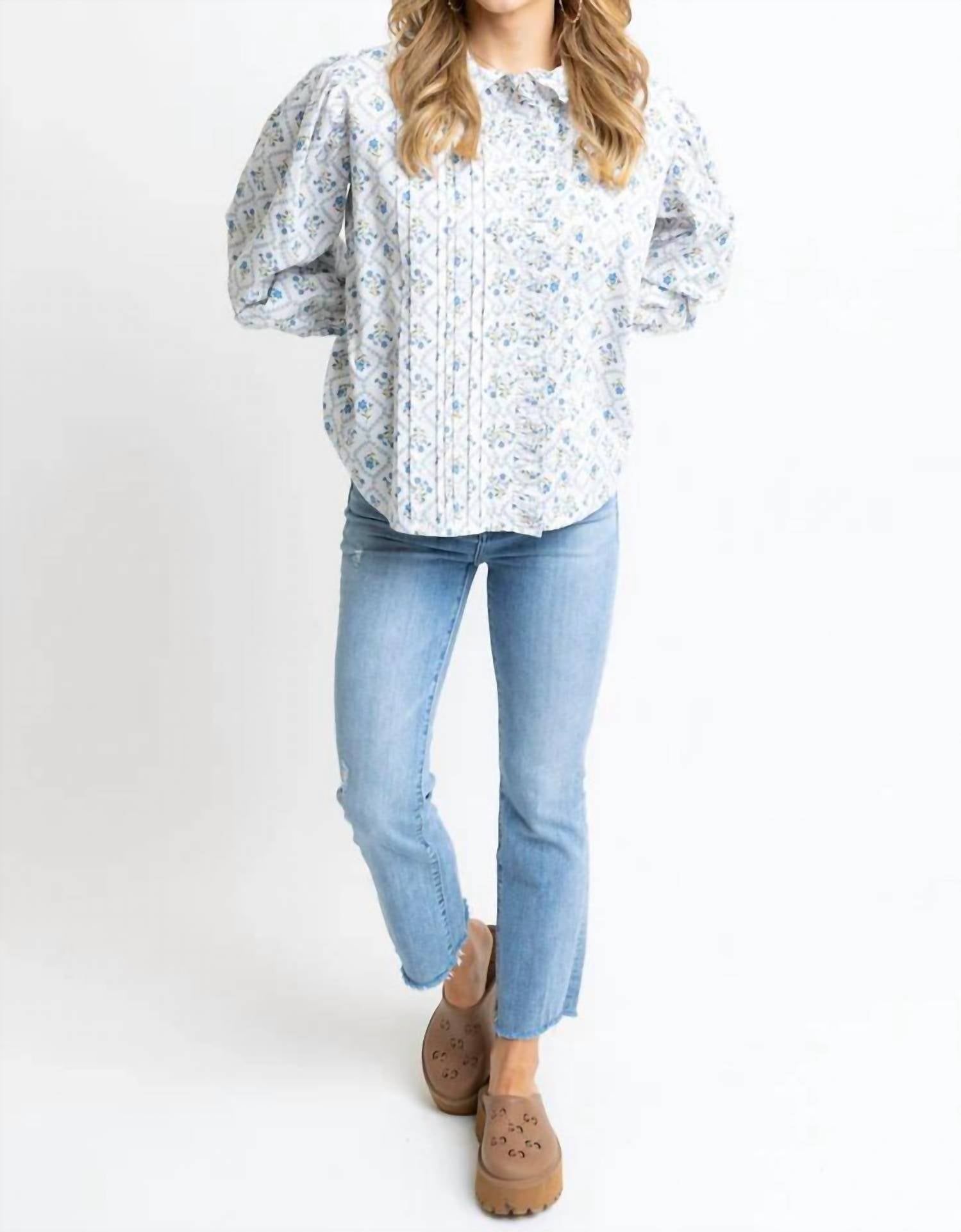Karlie - French Floral Ruffle Button Up Top