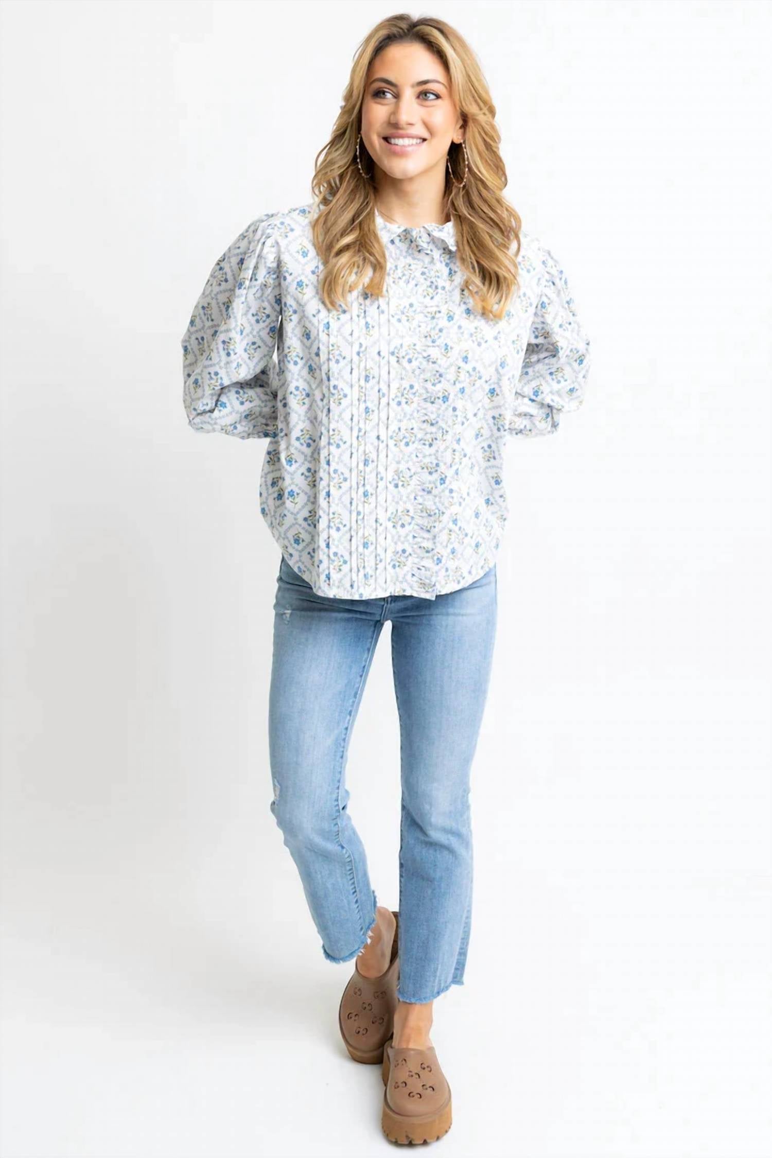 Karlie - French Floral Ruffle Button Up Top