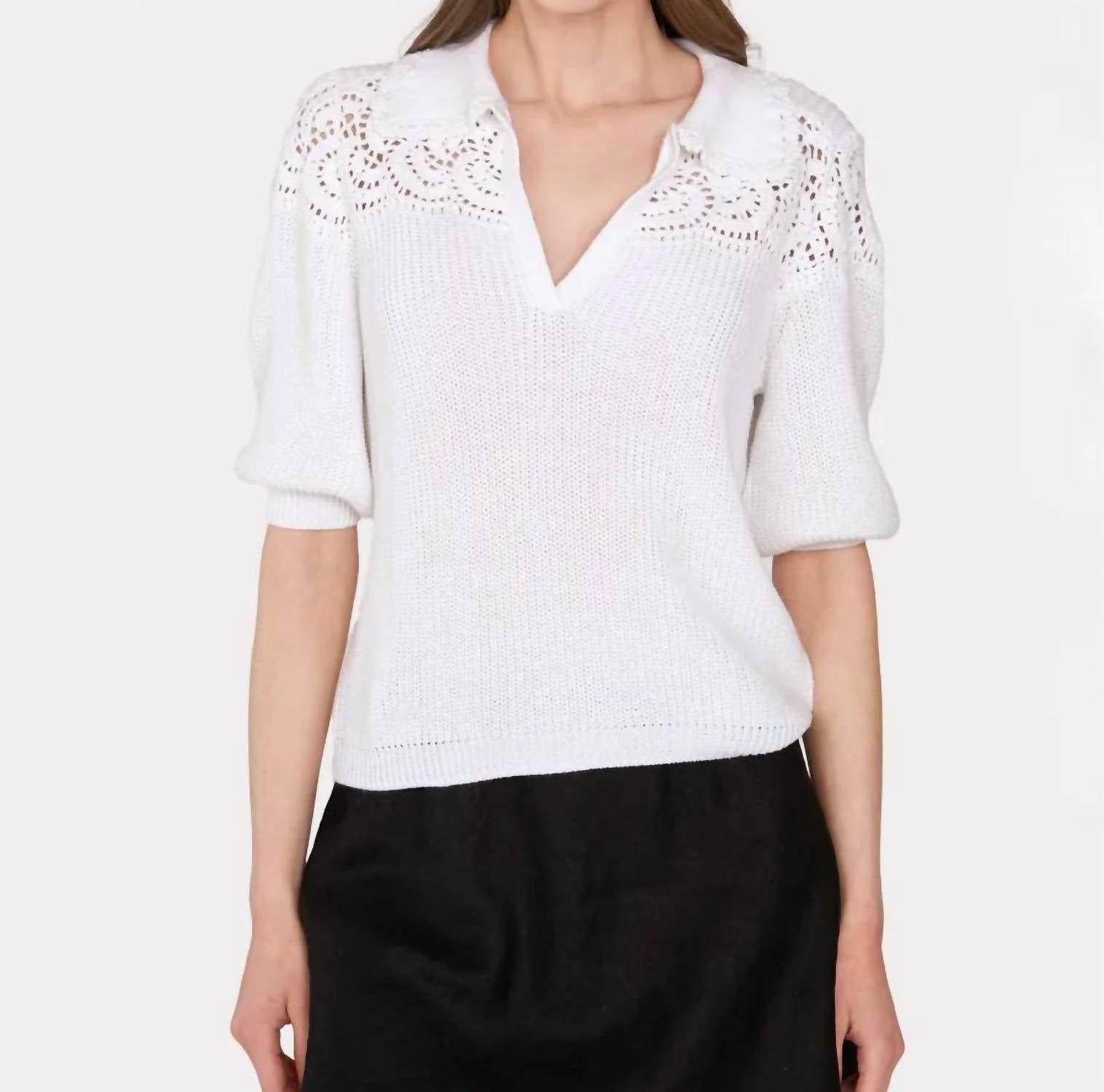 Autumn Cashmere - Elbow Sleeve Crochet Johnny Collar Top