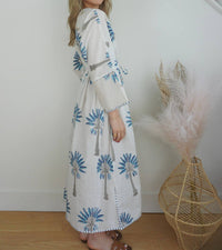 NIBI MTK Rio Kaftan Dress in blue palms - women's dress - detail view