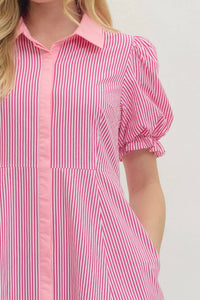 Entro - Stripe Print Short Puff Sleeve Midi Dress