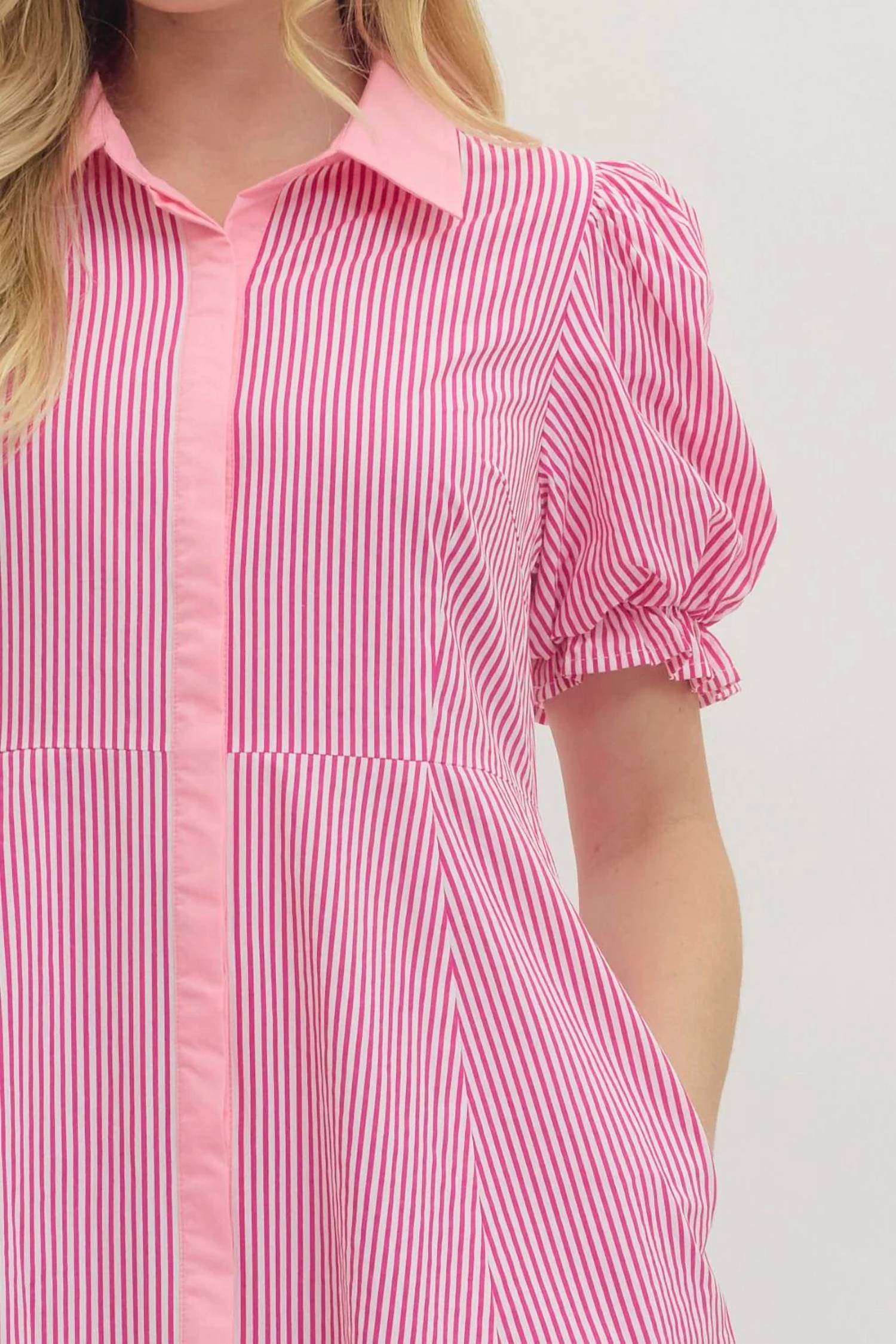 Entro - Stripe Print Short Puff Sleeve Midi Dress