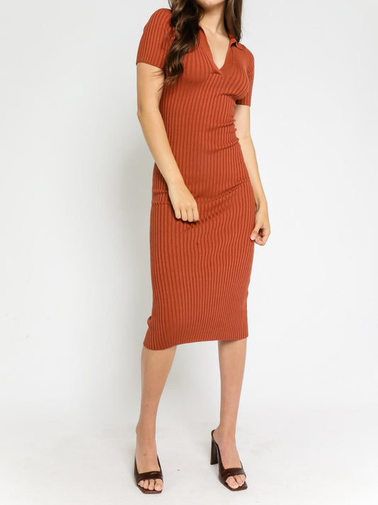 Knit Collared Short Sleeve Ribbed Dress