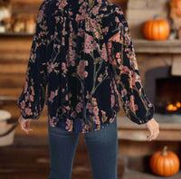 Jodifl Floral Velvet Button Down Shirt in royal blue - women's blouse - detail view