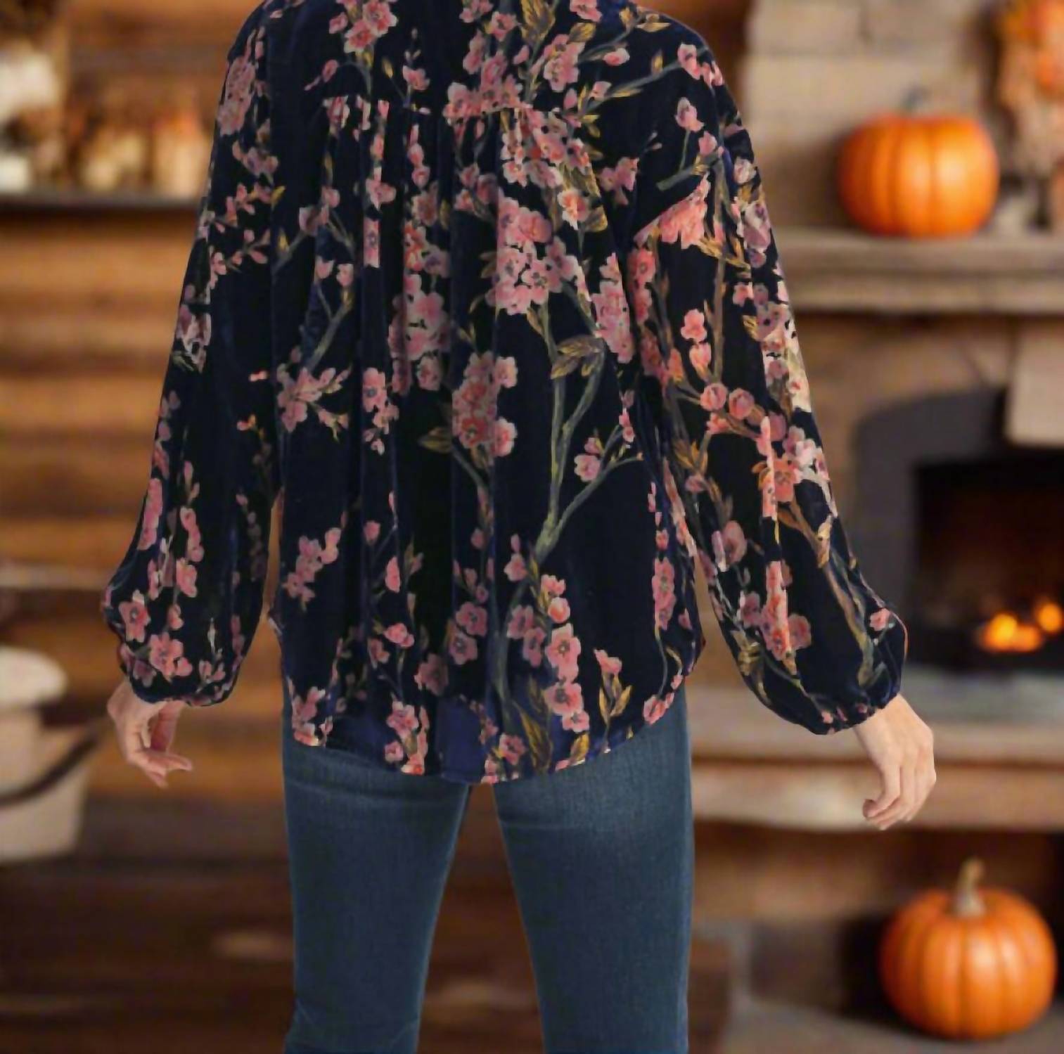 Jodifl Floral Velvet Button Down Shirt in royal blue - women's blouse - detail view