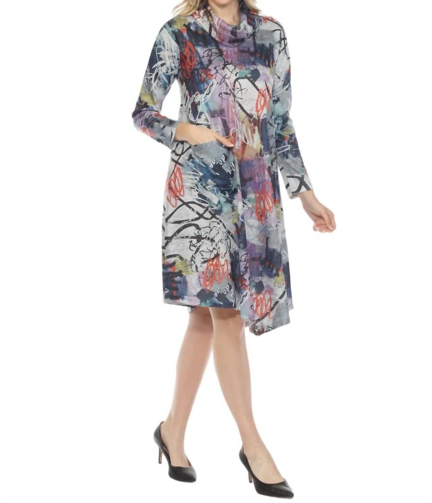 Inoah Cowl Neck A Line Dress With Pocket in multi - women's dress