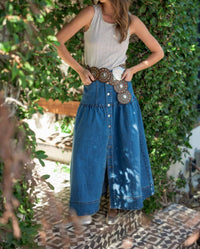 Miou Muse - Button Front Bohemian Denim Maxi Skirt