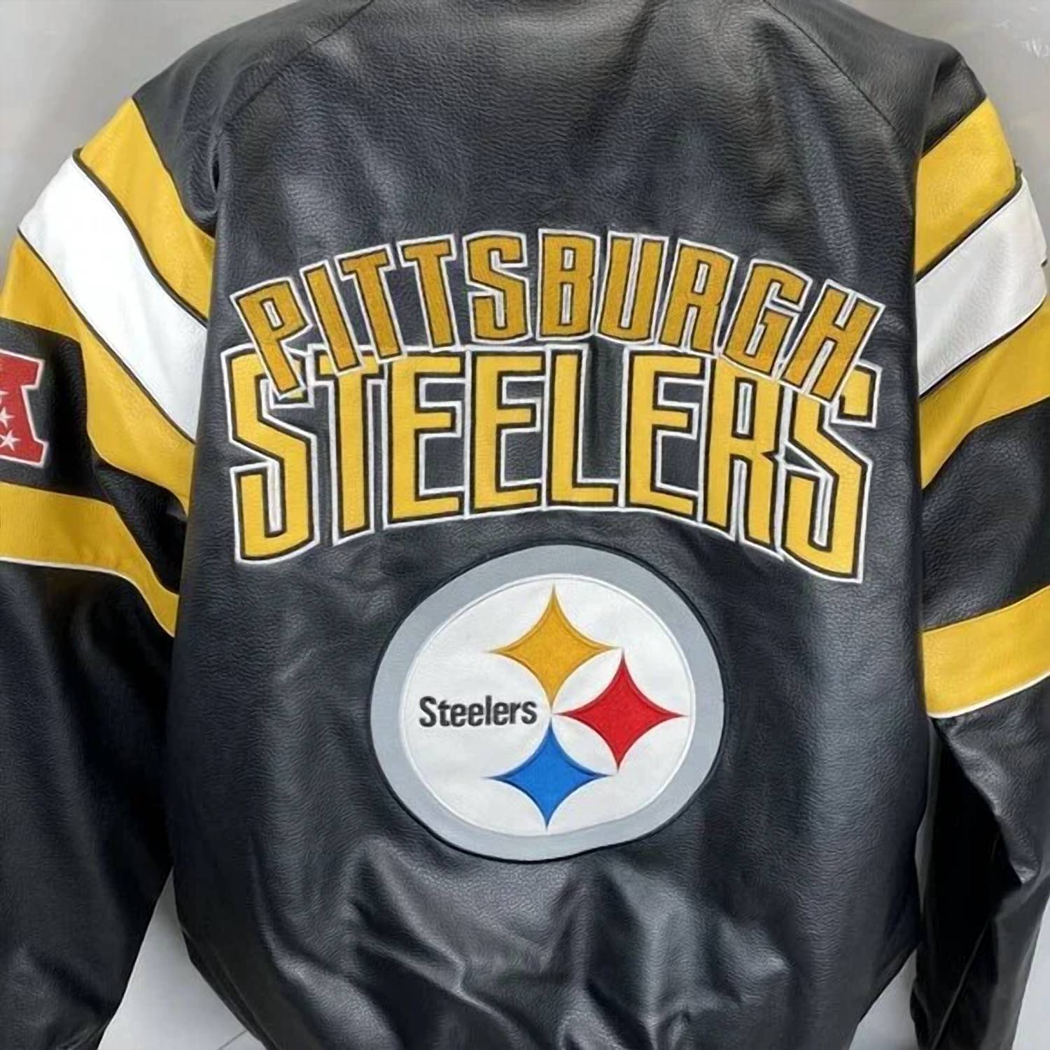 G-III Men’s Nfl Pittsburgh Steelers Faux Leather Varsity Jacket in black yellow - men's jacket - alternate view