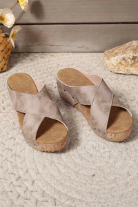 dear lover Women's Criss-Cross Platform Wedge Sandals in taupe - women's shoe