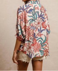 BiBi Floral Print Oversized Short Sleeve Top in dusty pink multi - women's blouse - detail view