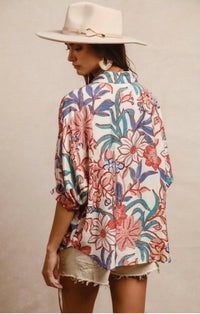 BiBi Floral Print Oversized Short Sleeve Top in dusty pink multi - women's blouse - alternate view