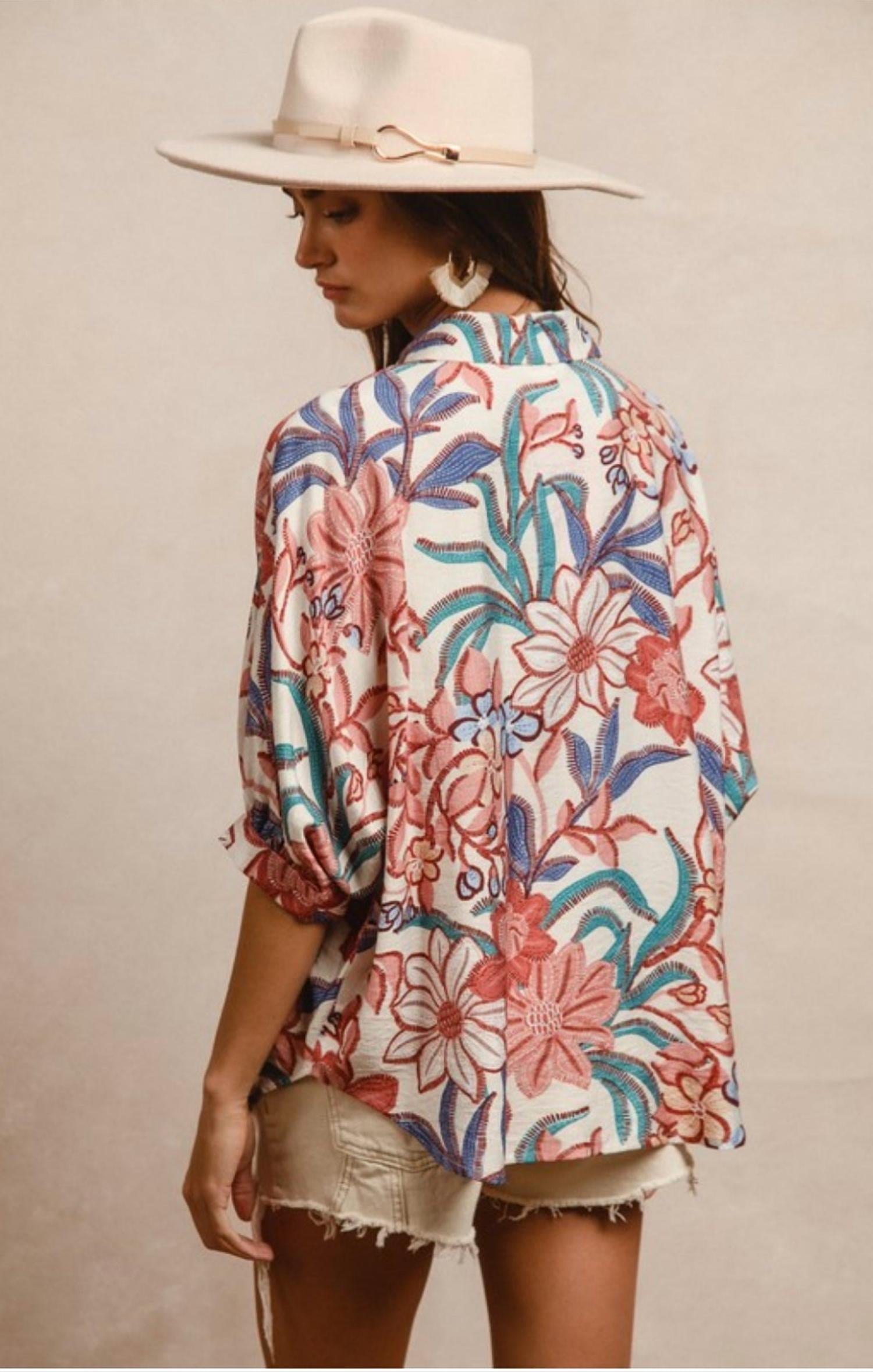 BiBi Floral Print Oversized Short Sleeve Top in dusty pink multi - women's blouse - alternate view