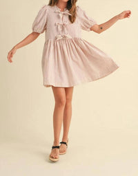 Miou Muse - Stripe With Bow Tie Front Short Sleeve Dress
