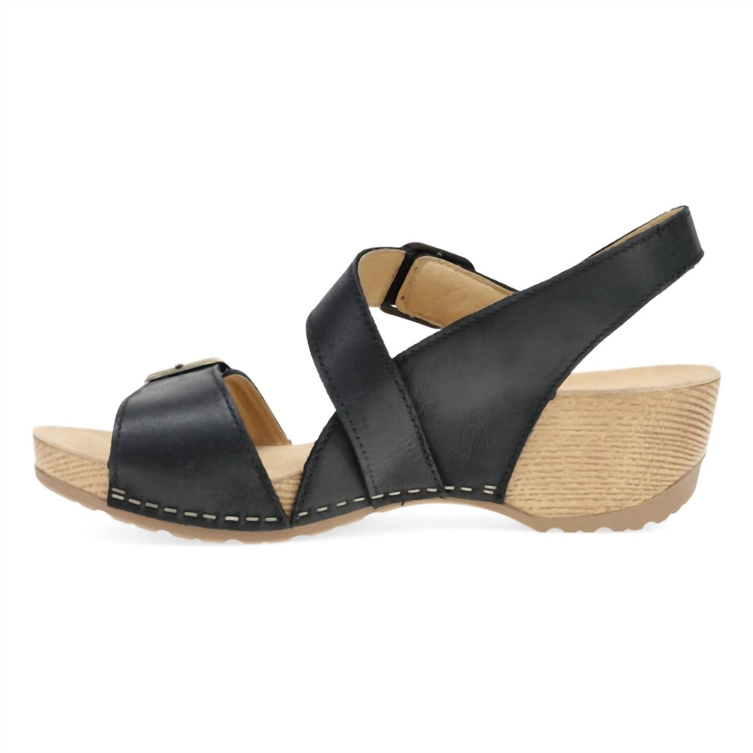 dansko Women's Trinity Wedge Sandals in black burnished nubuck - women's sandal - detail view
