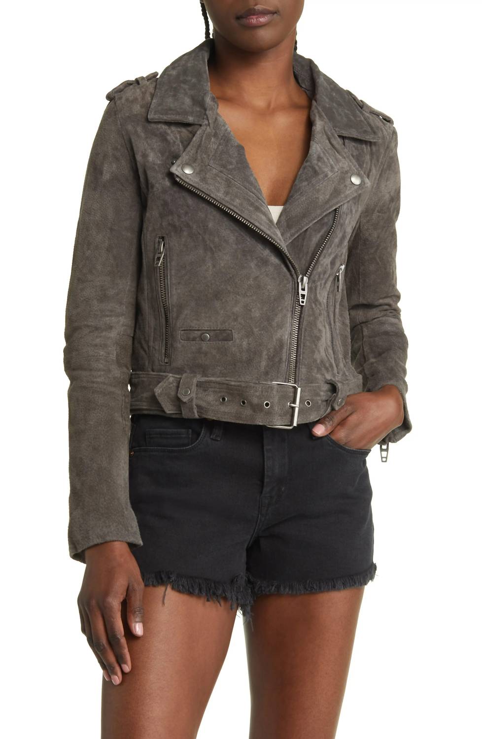 BLANKNYC Suede Moto Jacket in dark grey - women's jacket - detail view